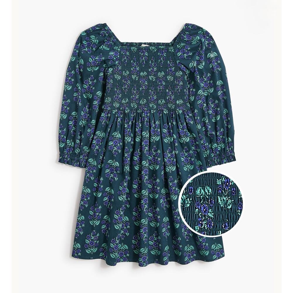 Crewcuts Long Sleeve Floral Block Print Dress Girl's Size 4 Smocked Blue Green